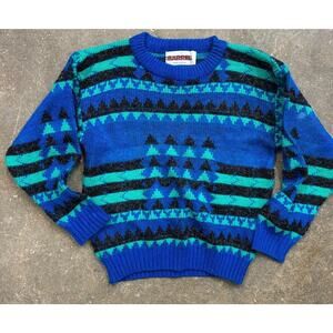 Vintage Barrel Knit Sweater Kids 8 Blue Green Graphic Pattern Made in USA